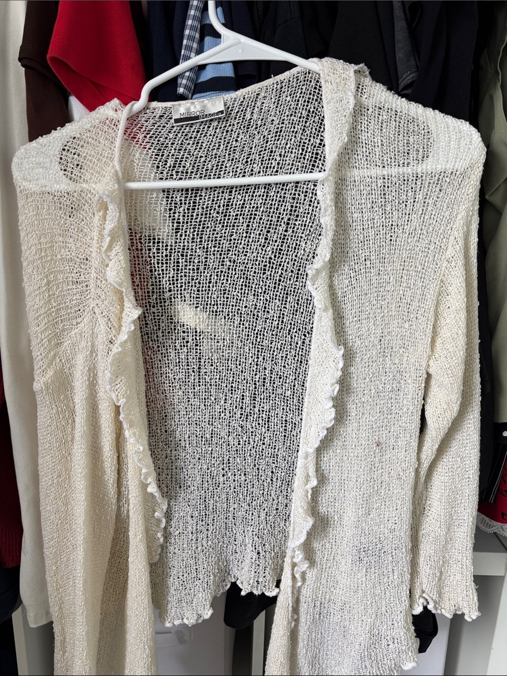 Vintage Cream Open-Front Knit Cardigan with Ruffle Trim